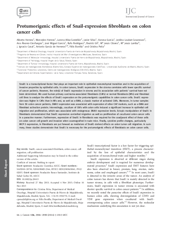 (PDF) Protumorigenic effects of Snail-expression fibroblasts on colon ...