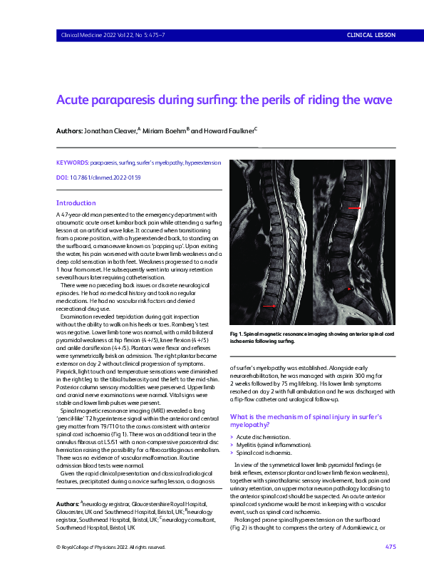 (PDF) Acute paraparesis during surfing: the perils of riding the wave