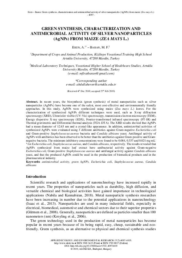 (PDF) GREEN SYNTHESIS, CHARACTERIZATION AND ANTIMICROBIAL ACTIVITY OF ...