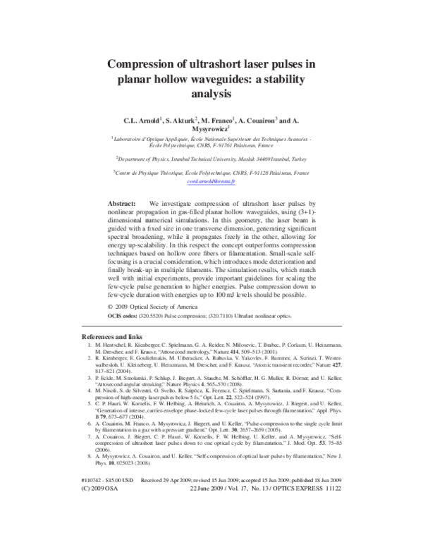 (PDF) Compression of ultrashort laser pulses in planar hollow ...