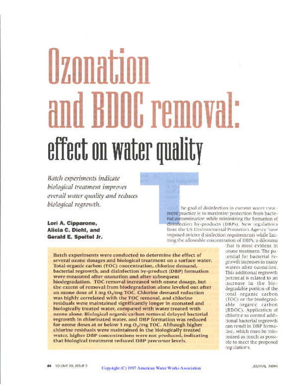 (PDF) Ozonation and BDOC removal: effect on water quality