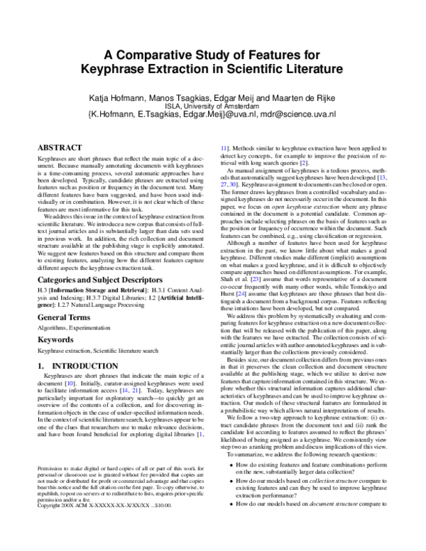 (PDF) A Comparative Study of Features for Keyphrase Extraction