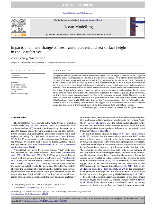(PDF) Impacts of climate change on fresh water content and sea surface ...