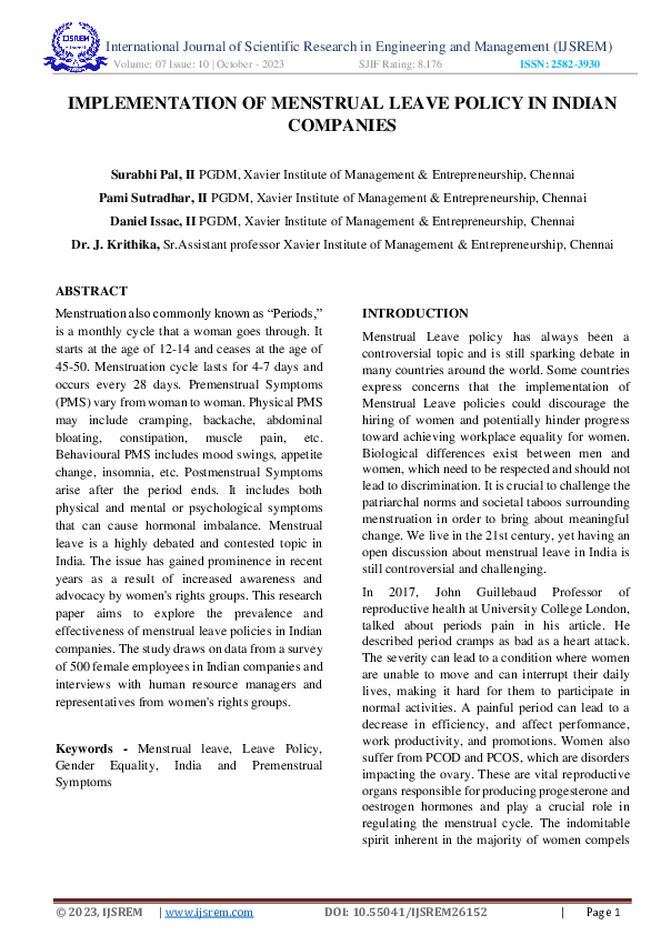 (PDF) Implementation of Menstrual Leave Policy in Indian Companies
