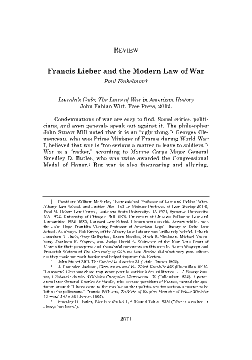 (PDF) Francis Lieber and the Modern Law of War (reviewing Lincoln's ...