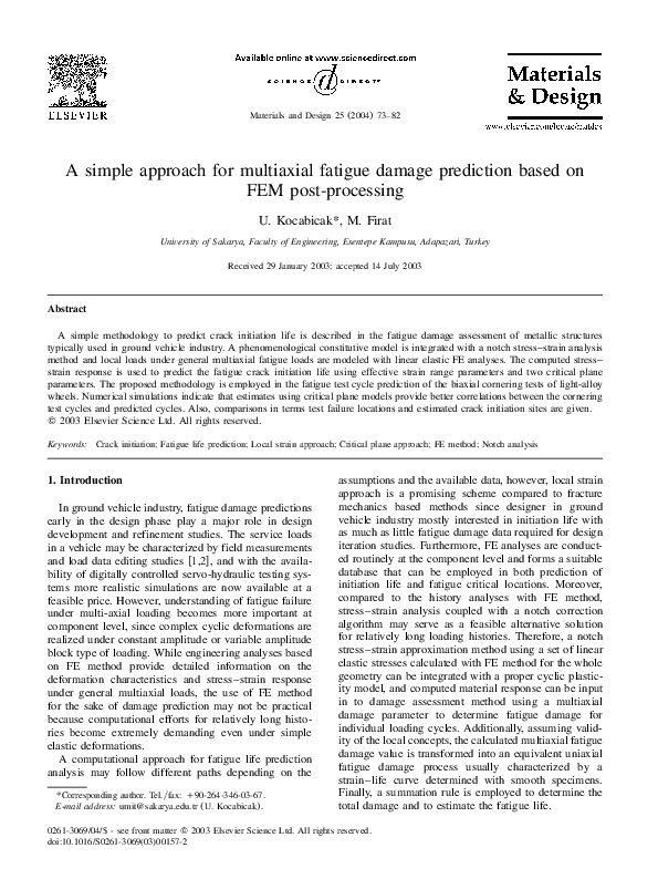 (PDF) A simple approach for multiaxial fatigue damage prediction based ...