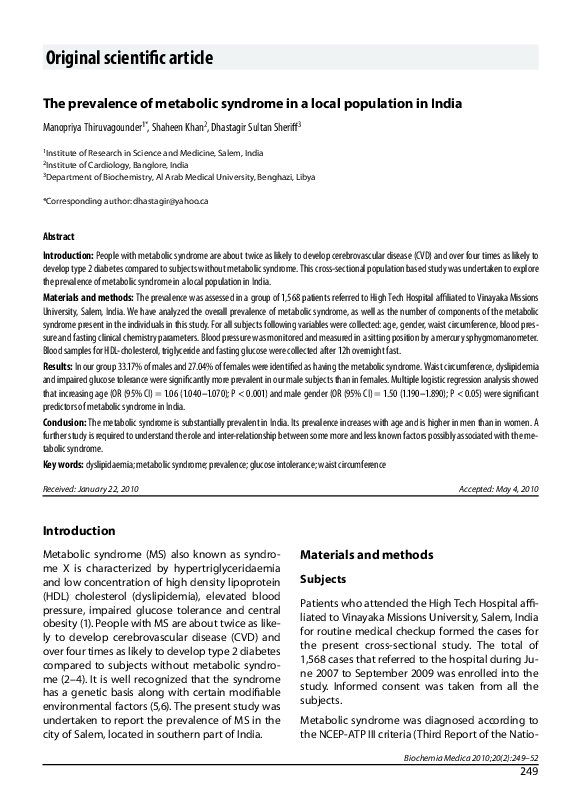 (PDF) The prevalence of metabolic syndrome in a local population in India