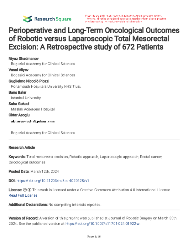 (PDF) Perioperative and Long-Term Oncological Outcomes of Robotic ...