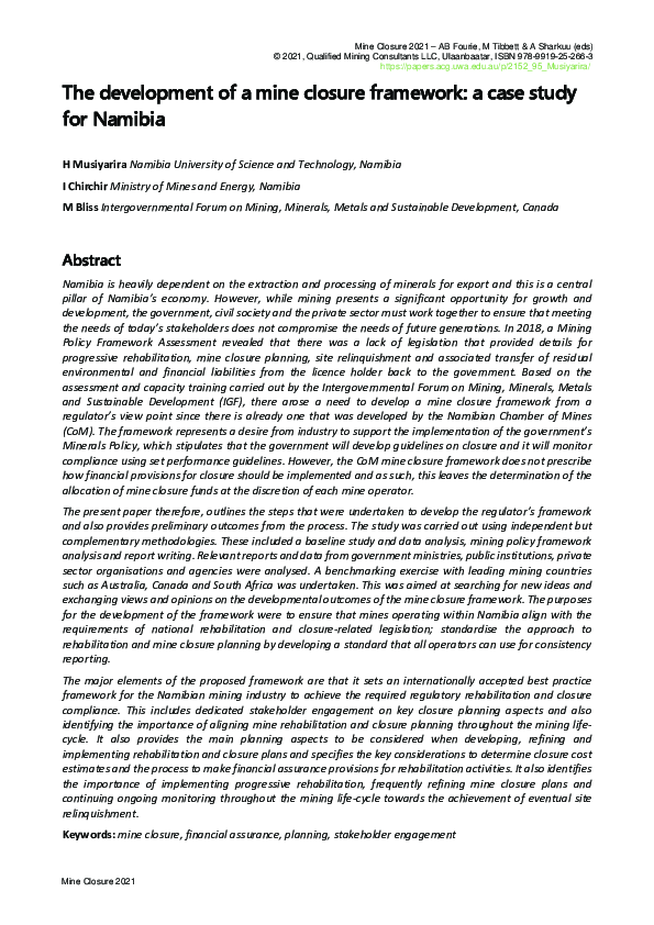 (PDF) The development of a mine closure framework: a case study for Namibia