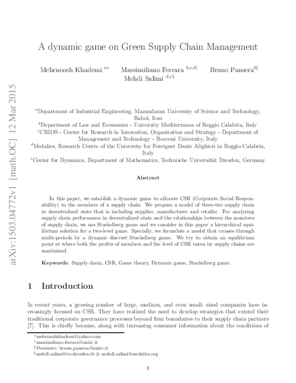 (PDF) A dynamic game on Green Supply Chain Management