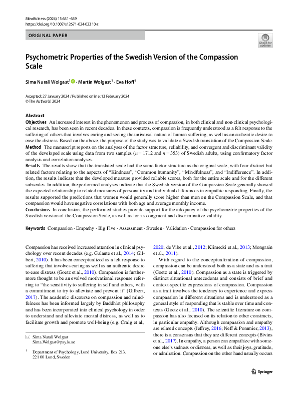 (PDF) Psychometric Properties of the Swedish Version of the Compassion ...