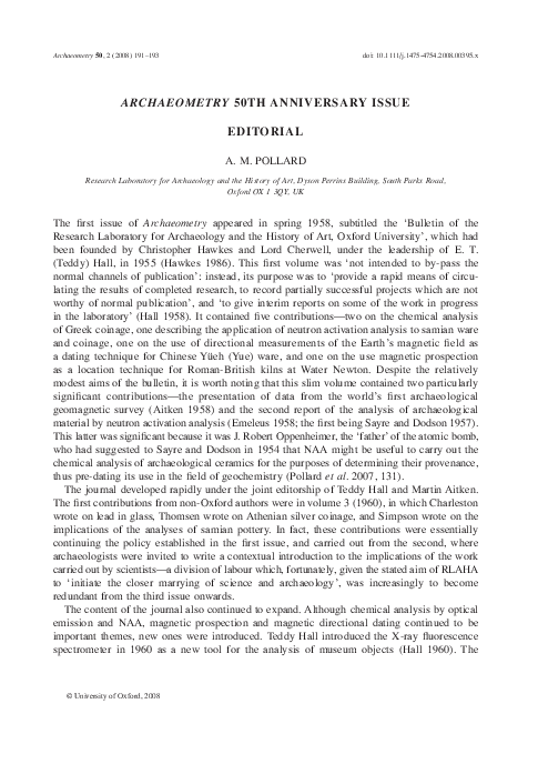 (PDF) Archaeometry 50TH Anniversary Issue editorial