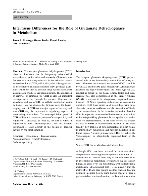 (PDF) Intertissue Differences for the Role of Glutamate Dehydrogenase ...