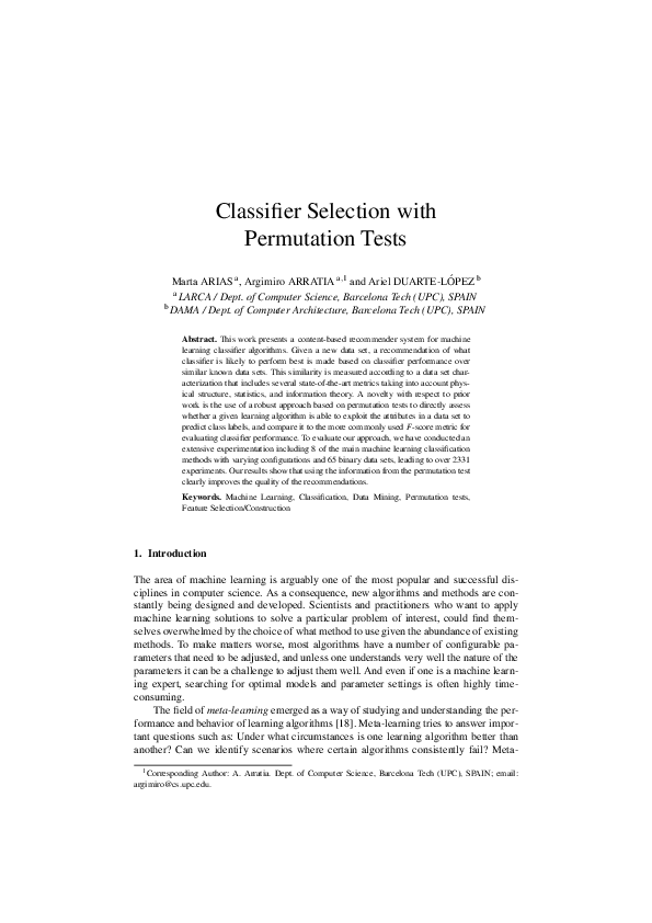 (PDF) Classifier Selection with Permutation Tests