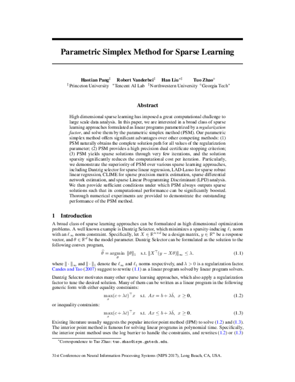 (PDF) Parametric Simplex Method for Sparse Learning
