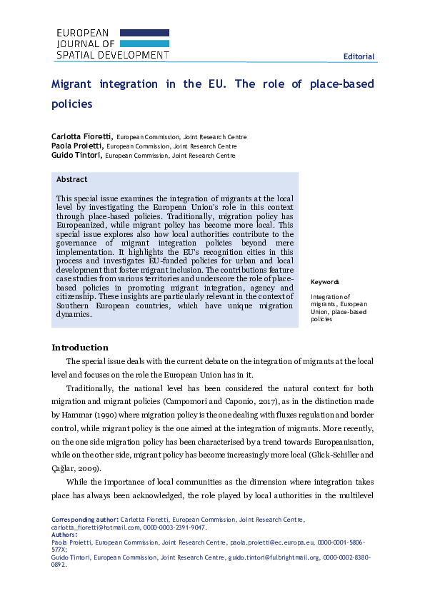 (PDF) Migrant integration in the EU. The role of place-based policies