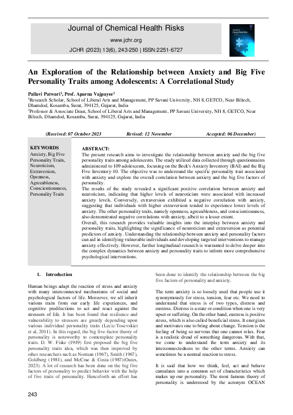 (PDF) An Exploration of the Relationship between Anxiety and Big Five ...