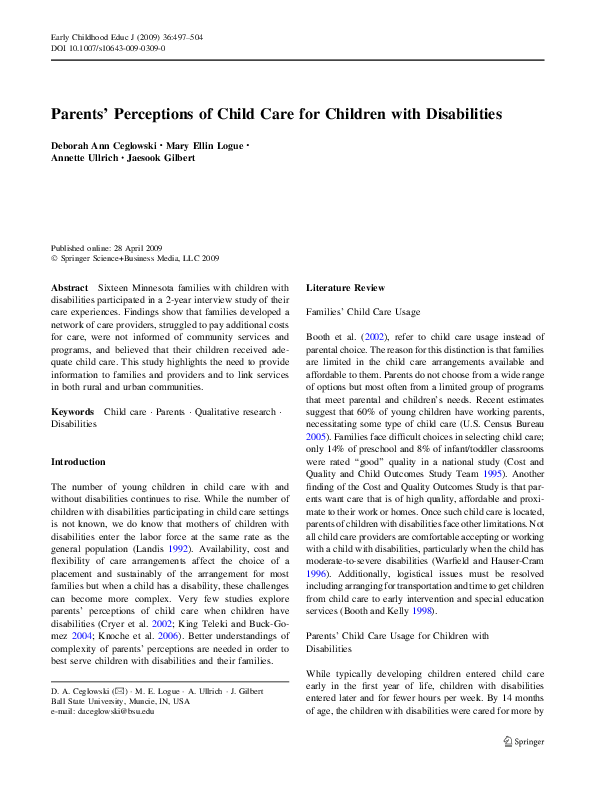 (PDF) Parents’ Perceptions of Child Care for Children with Disabilities