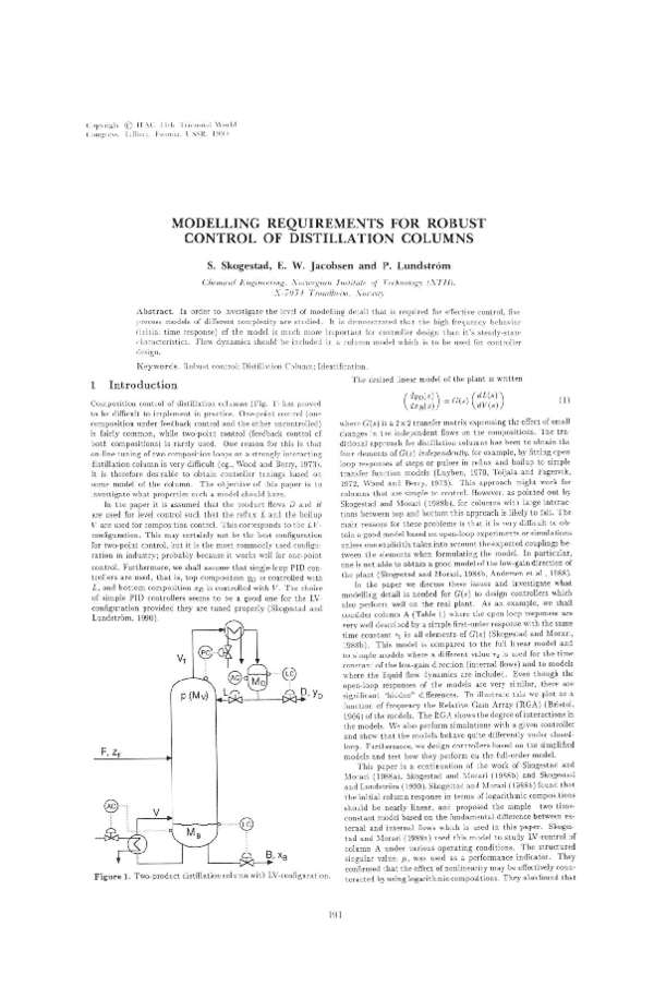 (PDF) Modelling Requirements for Robust Control of Distillation Columns