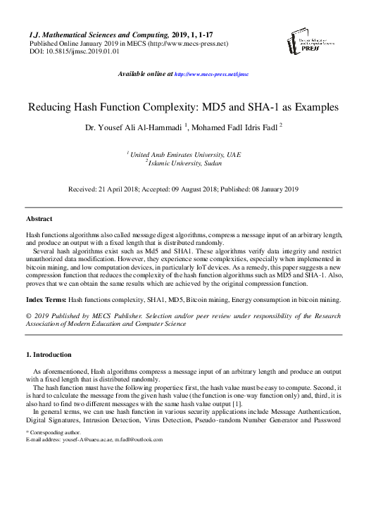 (PDF) Reducing Hash Function Complexity: MD5 and SHA-1 as Examples
