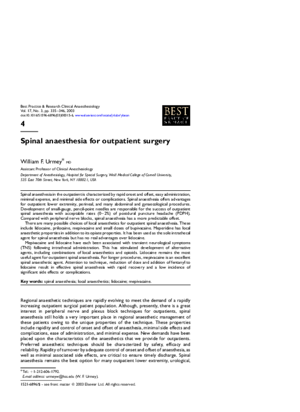 (PDF) Spinal anaesthesia for outpatient surgery