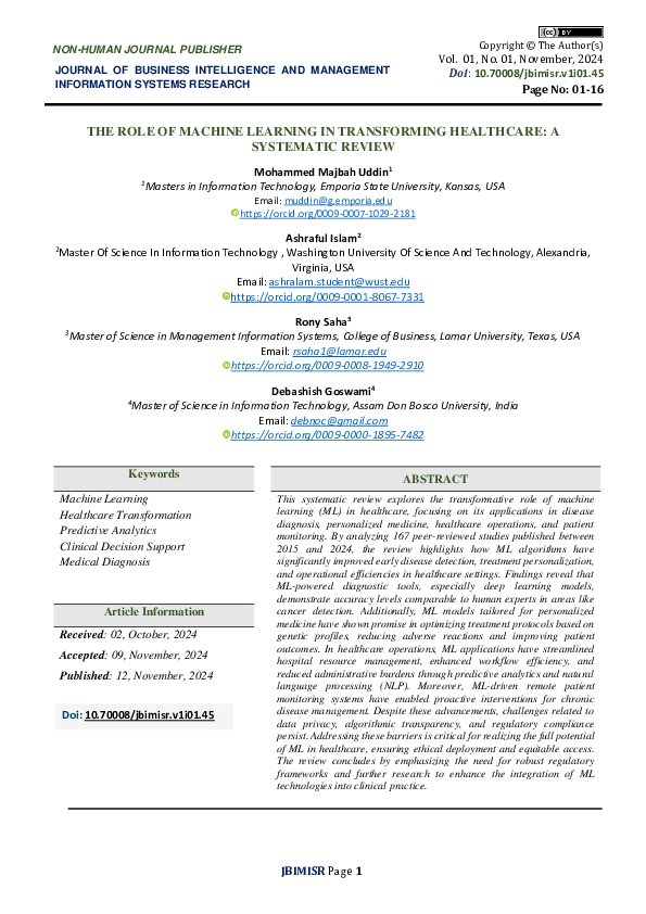 (PDF) THE ROLE OF MACHINE LEARNING IN TRANSFORMING HEALTHCARE: A ...