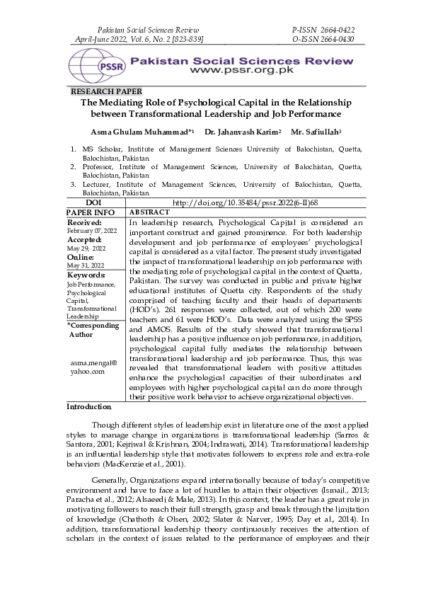 (PDF) The Mediating Role of Psychological Capital in the Relationship ...