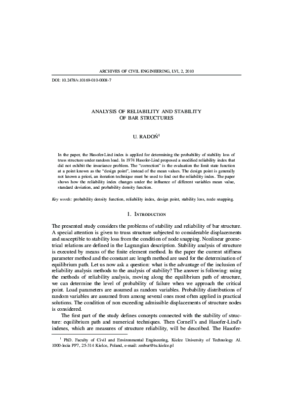 (PDF) Analysis of Reliability and Stability of Bar Structures / Analiza ...