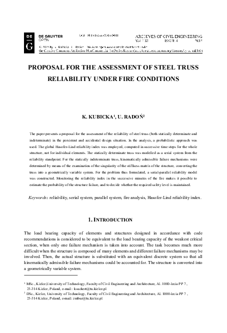 (PDF) Proposal for the Assessment of Steel Truss Reliability Under Fire ...