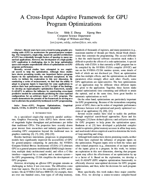 (PDF) A cross-input adaptive framework for GPU program optimizations