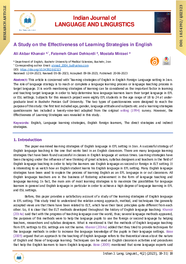(PDF) A Study on the Effectiveness of Learning Strategies in English
