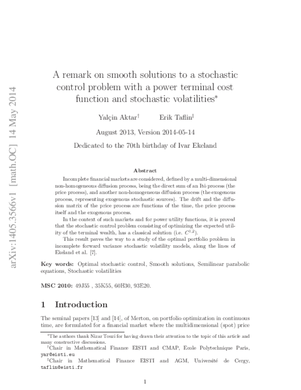 (PDF) A remark on smooth solutions to a stochastic control problem with ...