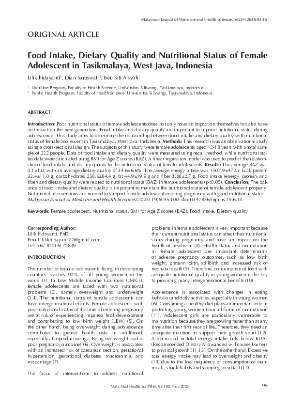 (PDF) Food Intake, Dietary Quality and Nutritional Status of Female ...