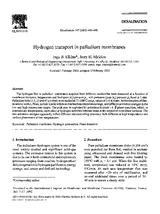 (PDF) Hydrogen transport in palladium membranes