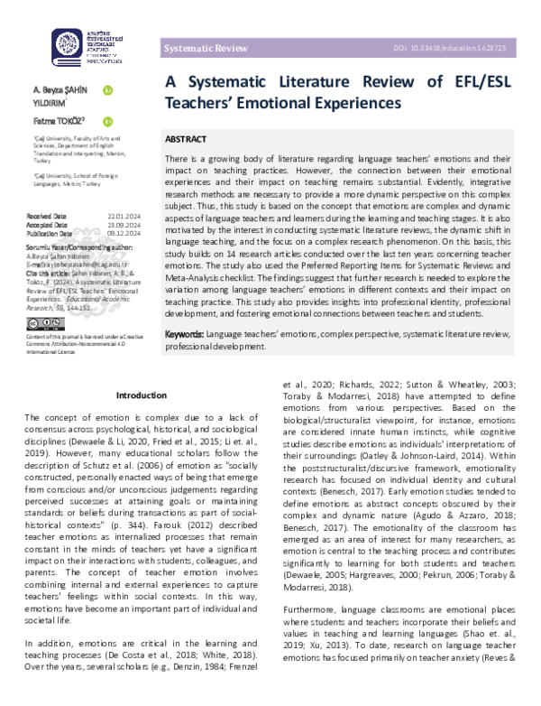 (PDF) A Systematic Literature Review of EFL/ESL Teachers' Emotional ...