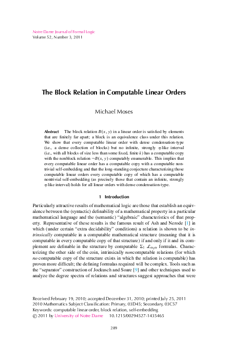 (PDF) The Block Relation in Computable Linear Orders
