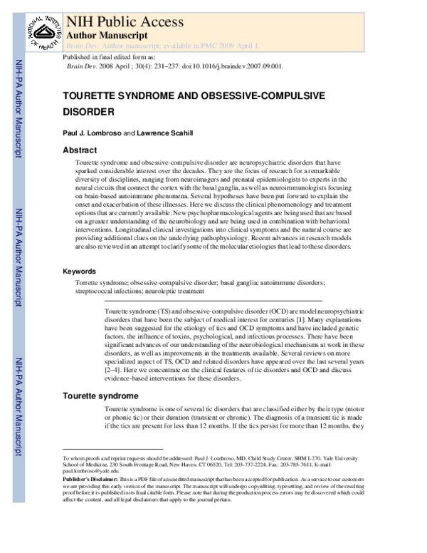 (PDF) Tourette syndrome and obsessive–compulsive disorder