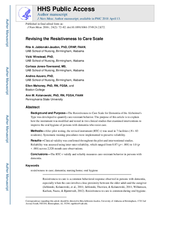 (PDF) Revising the Resistiveness to Care Scale