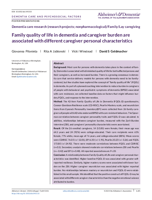 (PDF) Family quality of life in dementia and caregiver burden are ...