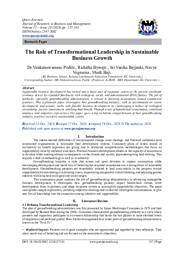 (PDF) The Role of Transformational Leadership in Sustainable Business ...