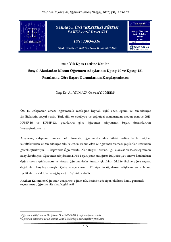 (PDF) 2013 Yılı Kpss Testi’ne Katılan Sosyal Alanlardan Mezun Öğretmen ...