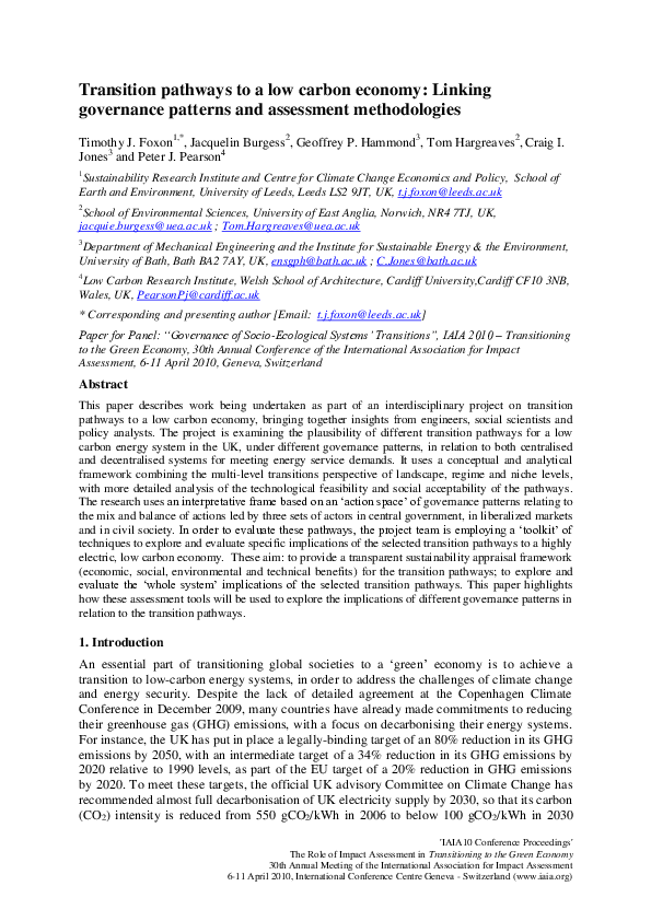 (PDF) Transition pathways to a low carbon economy: Linking governance ...