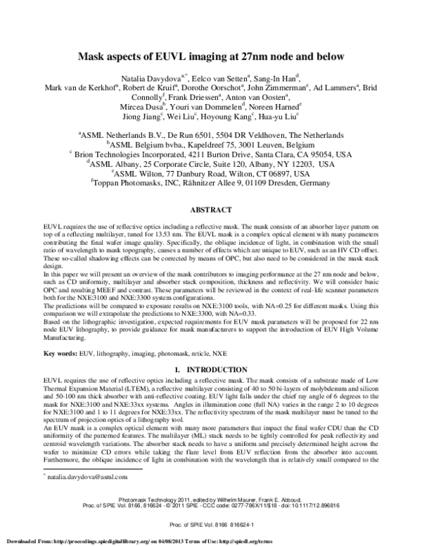 (PDF) Mask aspects of EUVL imaging at 27nm node and below