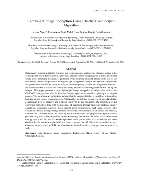 (PDF) Lightweight Image Encryption Using Chacha20 and Serpent Algorithm