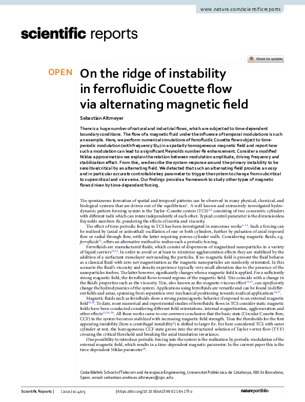 (PDF) On the ridge of instability in ferrofluidic Couette flow via ...