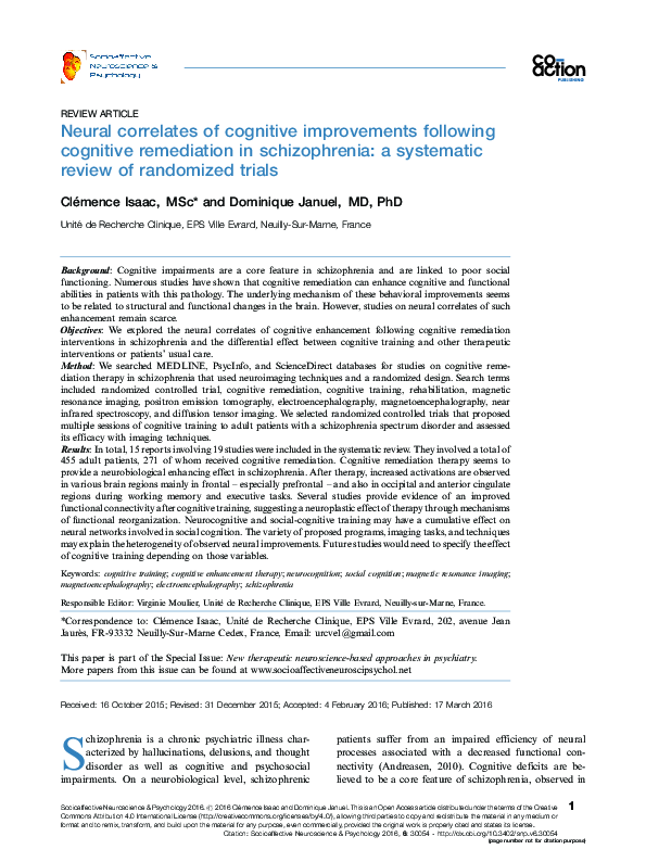 (PDF) Neural correlates of cognitive improvements following cognitive ...