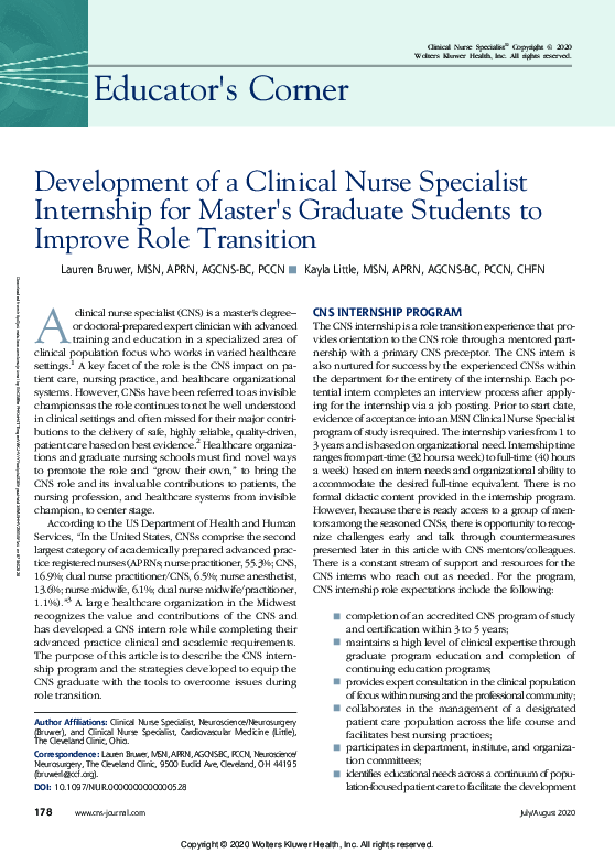 (PDF) Development of a Clinical Nurse Specialist Internship for Master ...