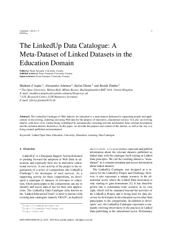 (PDF) The LinkedUp Data Catalogue: A Meta-Dataset of Linked Datasets in ...