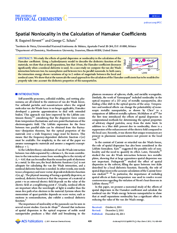 (PDF) Spatial Nonlocality in the Calculation of Hamaker Coefficients