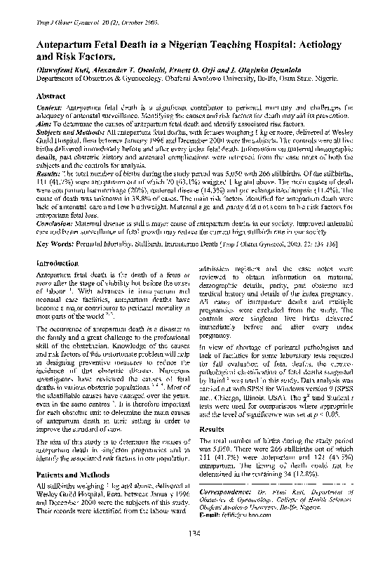 (PDF) Antepartum Fetal Death in a Nigerian Teaching Hospital: Aetiology ...